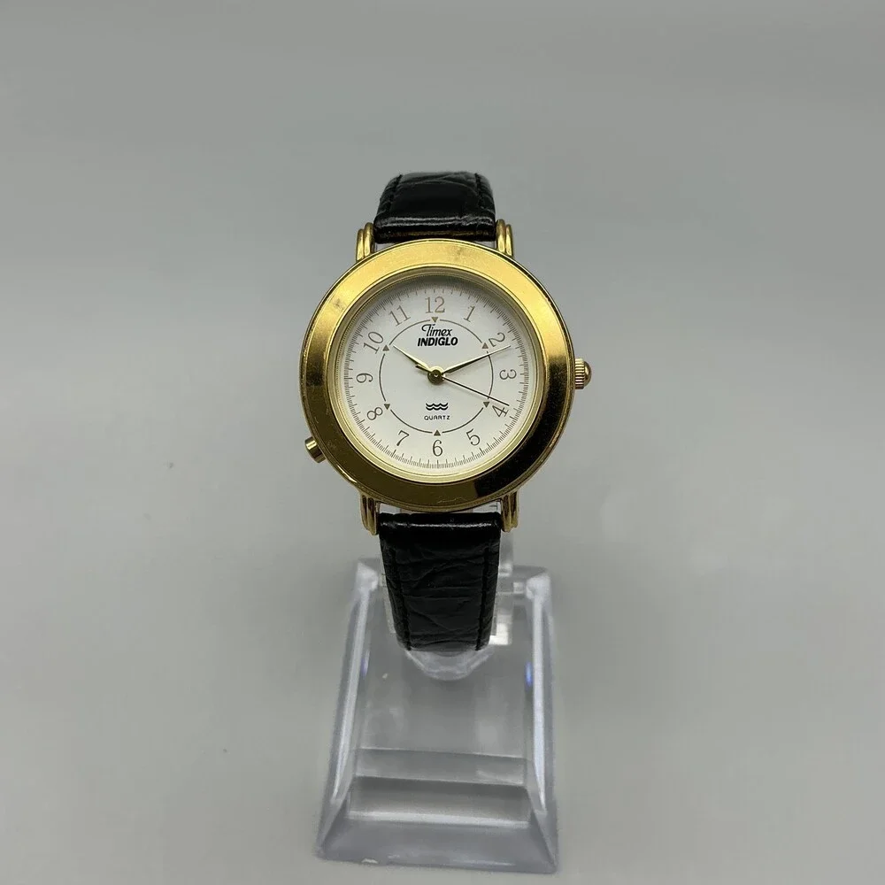Timex Indiglo Womens Watch 31mm White Dial Gold Tone Black Leather New Battery
